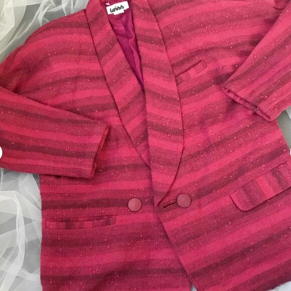 Vintage Striped Wool Blazer: 90s Italian Red Burgundy Jacket - Picture 4 of 8